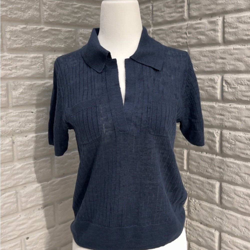 J. Crew Dark Blue Linen V-neck Polo Shirt